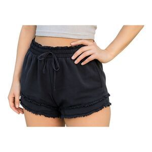 Day + Moon Shorts Black Distressed Hem Pockets Pull On Relaxed L